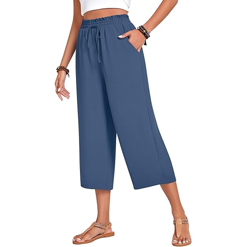 Anyhold Women's Capri Pants Drawstring Casual Palazzo Trousers with Pockets Loose High Waisted Wide Leg Lounge Pants