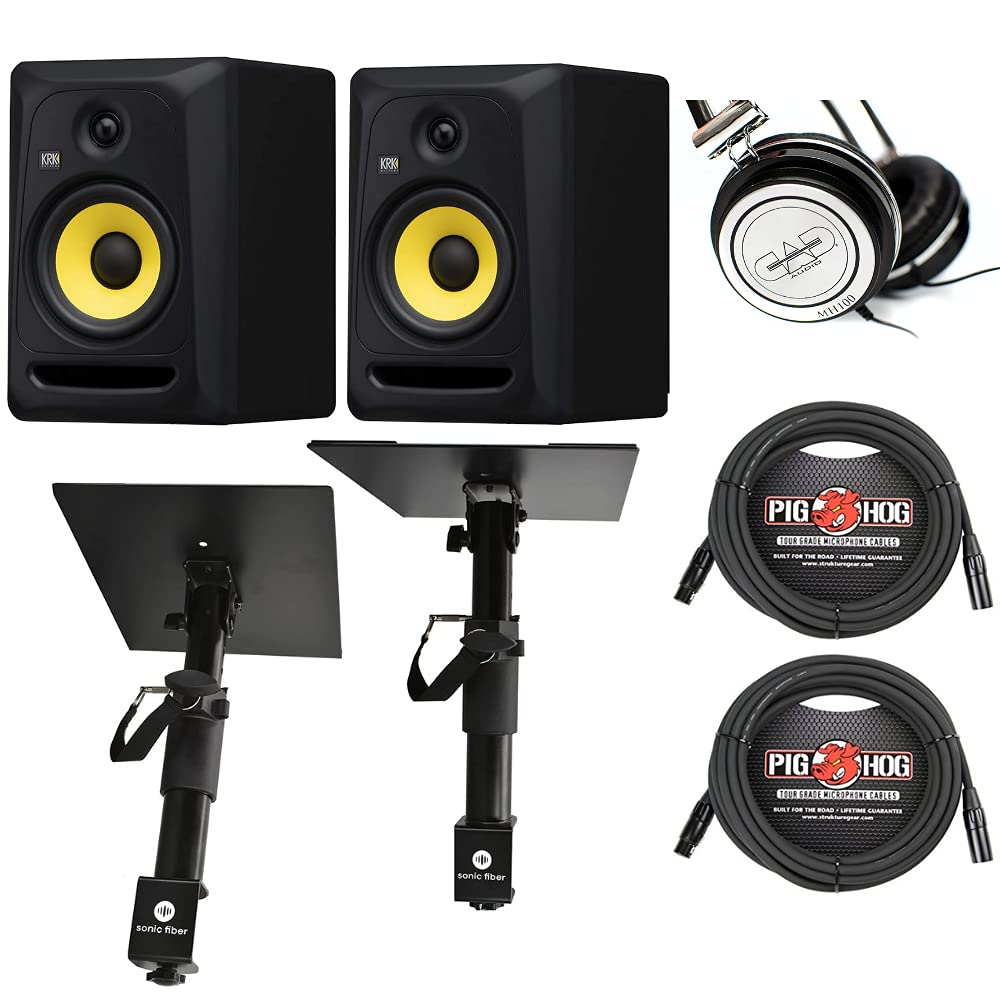 KRK Classic 7 Studio Monitors Pair Bundle with Sonicfiber Clamp Stands, CAD MH100 Professional Studi