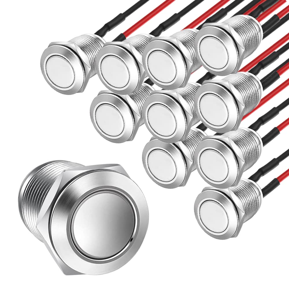 Gebildet Waterproof Push Button Momentary Stainless Steel Button On Off 12 mm 2A/12V/24V/125V/250V with Wire (Flat Head) Pack of 10