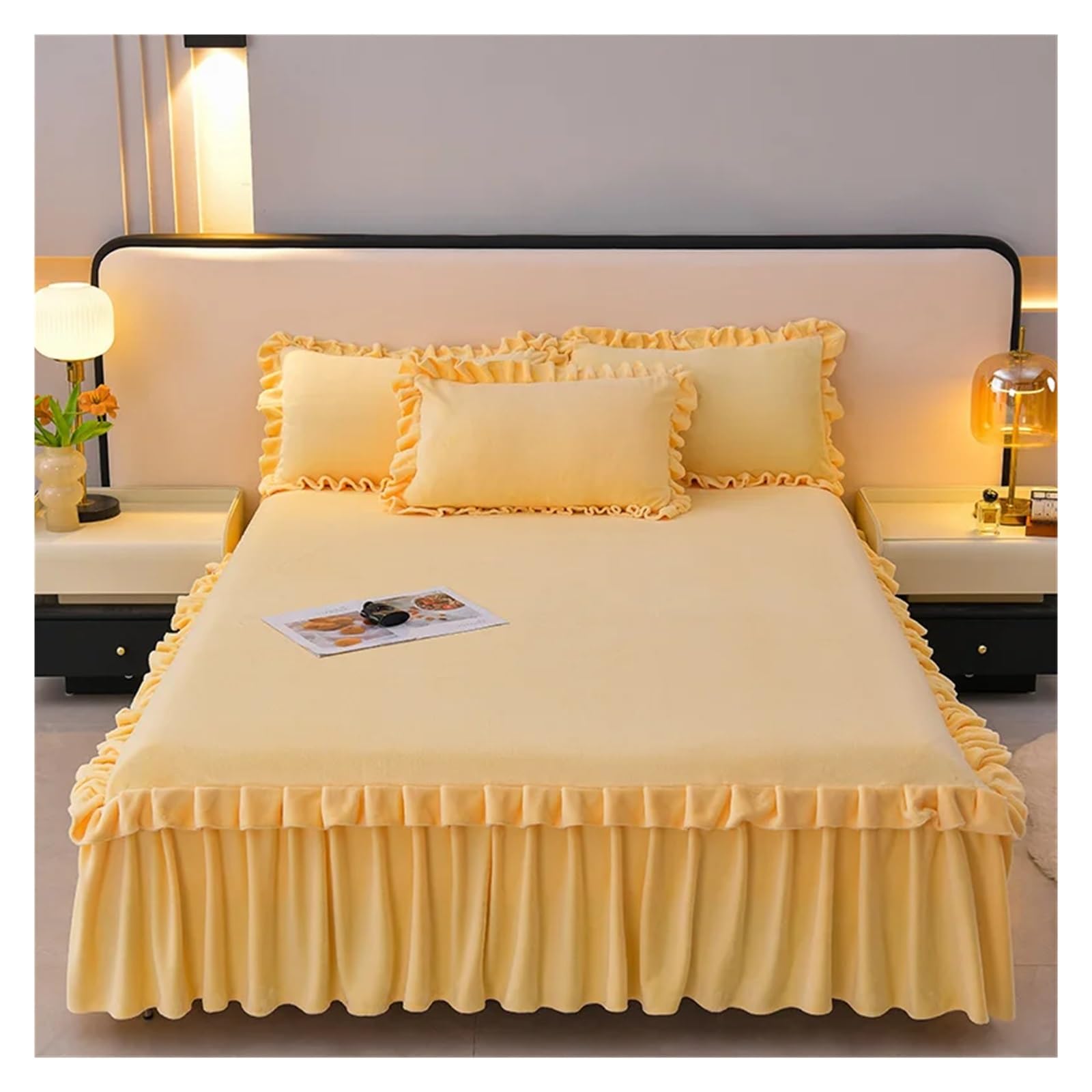 Bed Skirt Velvet Bedspread Ruffles Bed Cover Skin-friendly Mattress Protector Lace Bedsheet (No Pillowcase)(Xinghuang,SKing 200x220cm 1pc)
