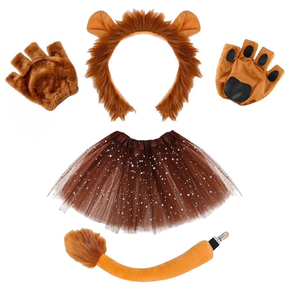 Set di costumi da leone: kit da 4 pezzi con orecchie da leone, guanti, coda e gonna tutù, perfetto per bambini e adulti, cosplay, Halloween, compleanno, carnevale, spettacoli teatrali