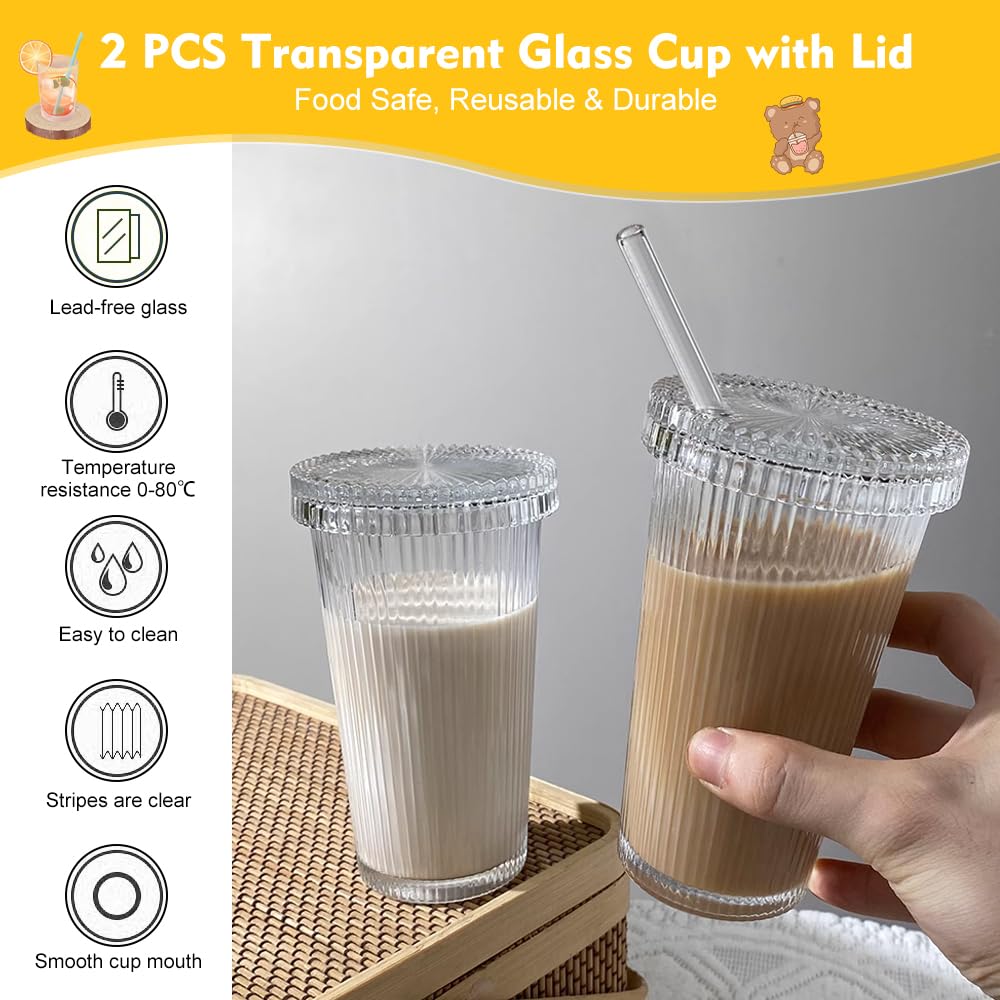 InteDesign Tazza in vetro con coperchio e cannuccia, tazza da caffè