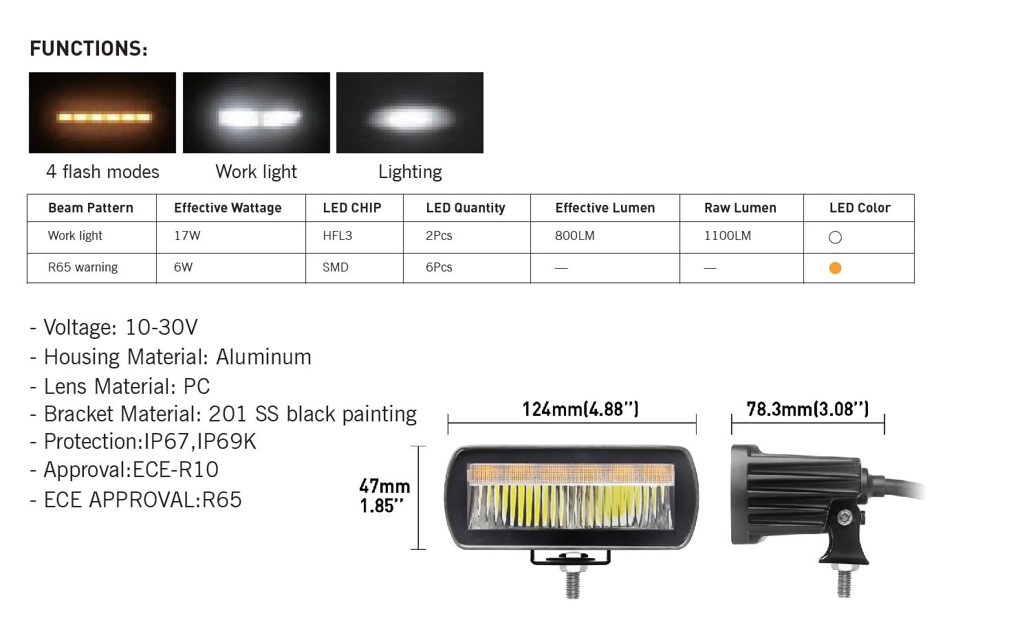 Generico 6 x reflektor roboczy LED 17 W 12 V 24 V światła mijania/do jazdy dziennej + światło stroboskopowe E9 R112 R65 EMC R10 IP67 i IP69K do samochodów osobowych pojazdów terenowych ciężarowych