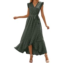 Womens Bohemian Flowing Summer Dress V Neck Ruffle Sleeve Lightweight Casual Maxi Holiday Swiss Dot Maxi Dress