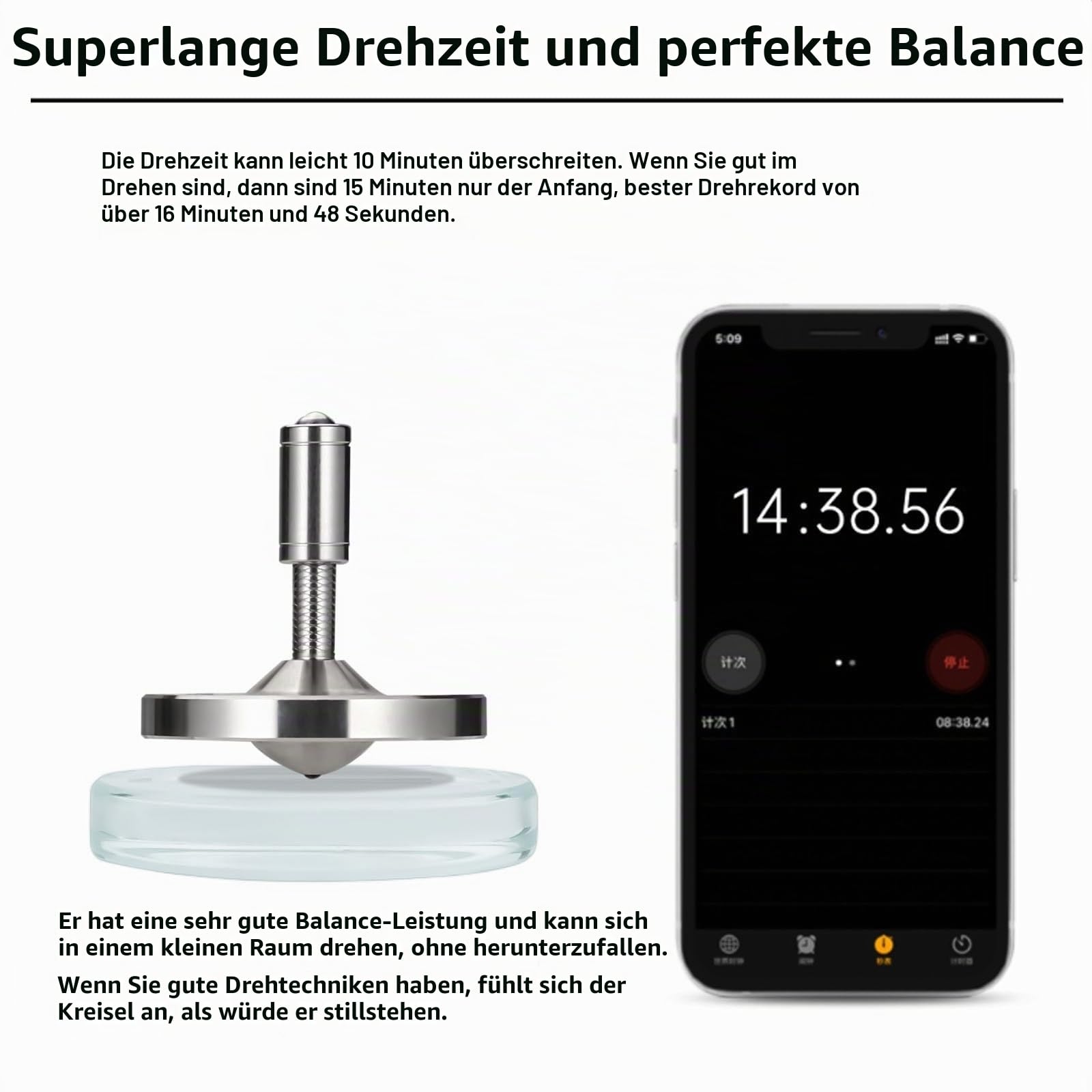 Präzisions kreisel mit Schnur, Hochleistungs-Gyrospielzeug aus rostfreiem Metall und ohne Schwerkraft, erstaunliche Drehzeit von bis zu 15 Minuten, effiziente Zeitverschwendung (S, Silber)