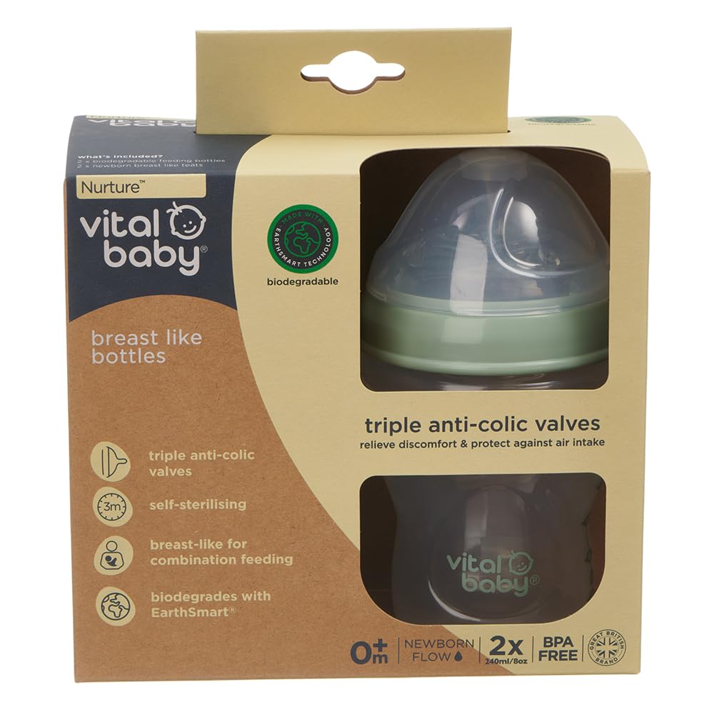 Vital Baby Breast-Like Baby Feeding Bottles 0m+, 240ml, Self-Sterilising in 3 Mins, Triple Anti-Colic Valves, Slow Flow Teats - Image 3