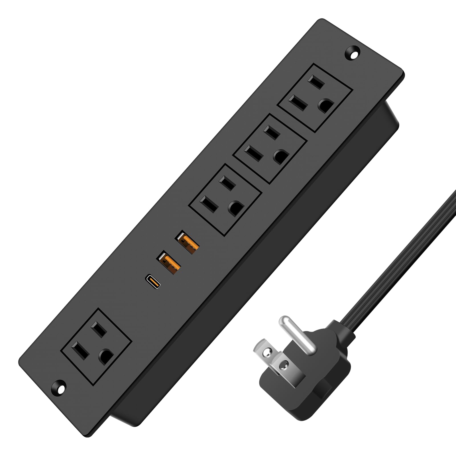 VILONG Flat Plug Recessed Power Strip with PD 20W USB-C, Flush Mounted Drawer Outlet, 4 AC Outlets & 3 USB Ports, Conference Desktop Built in Power