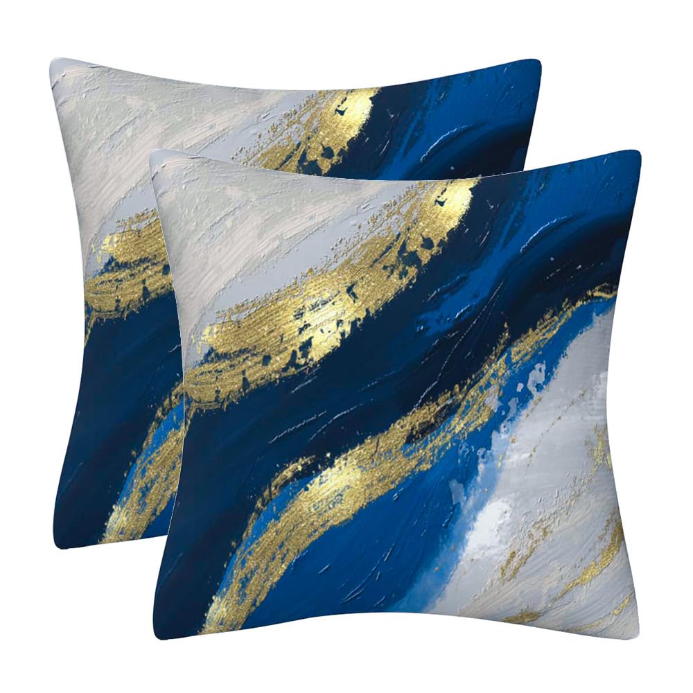 DILOXNSU Set of 2 Decorative Cushion Covers 45 x 45 cm Blue Gold Coast Soft Velvet Pillow Case 18x18 inches for Outdoor Patio Garden Sofa Living Room Home Decor Abstract Art Series