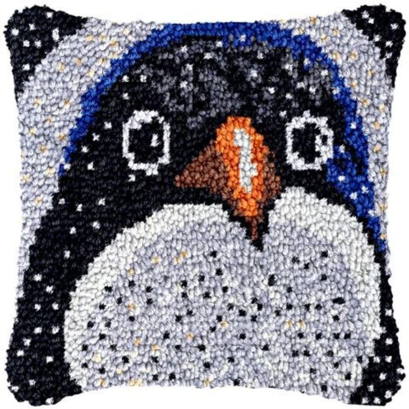 Latch Hook Kits Pillow Cover for Beginner Color Printed Canvas Yarn Crocheting Carpet Cushion Embroidery Hook and Latch Pillowcase Sofa Decoration 43x43cm Penguin