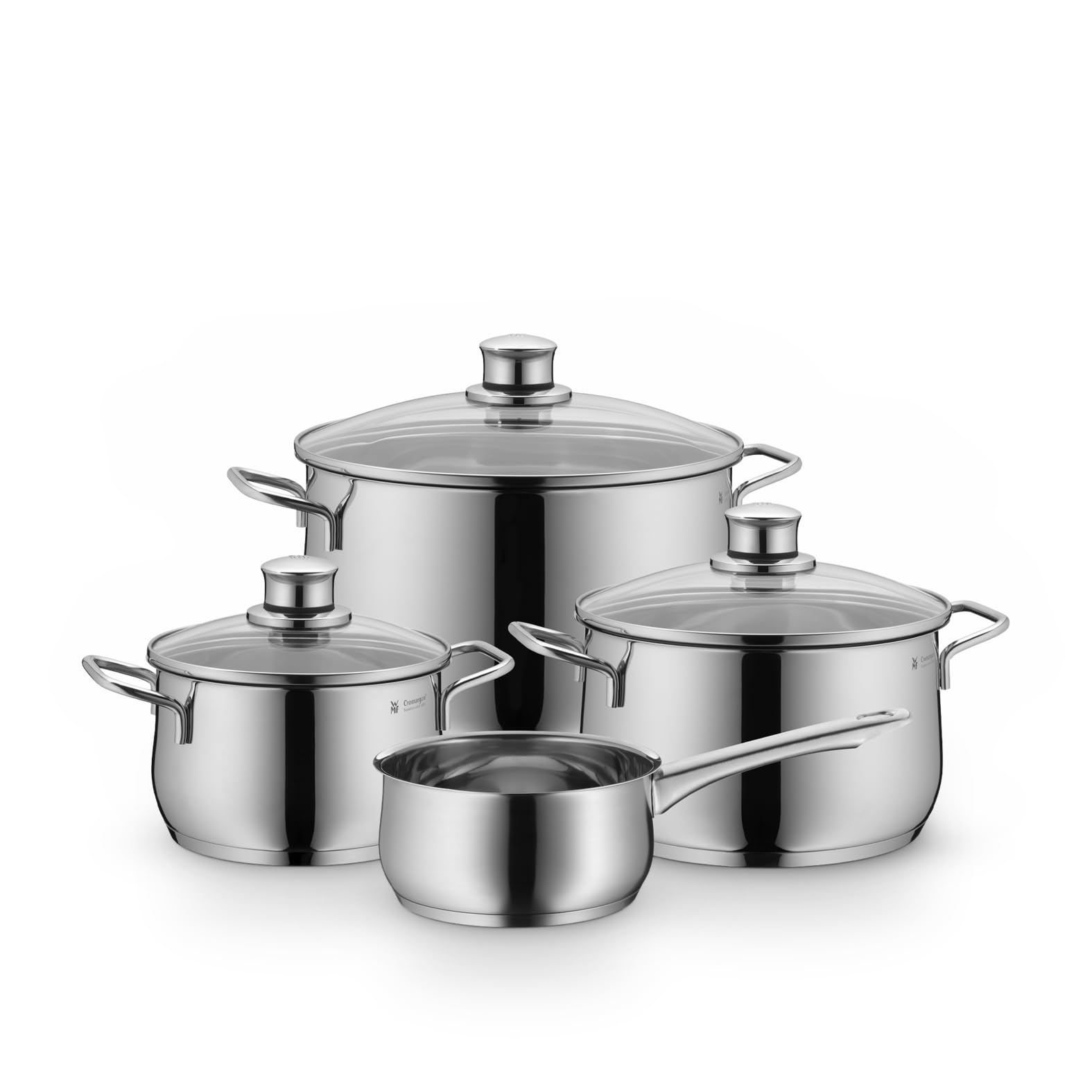 WMF Diadem Plus Topfset Induktion 4-teilig, Kochtopf Set mit Glasdeckel, breiter Schüttrand, Cromargan Edelstahl poliert, Induktions Töpfe Set unbeschichtet, alle Herdarten, spülmaschinengeeignet