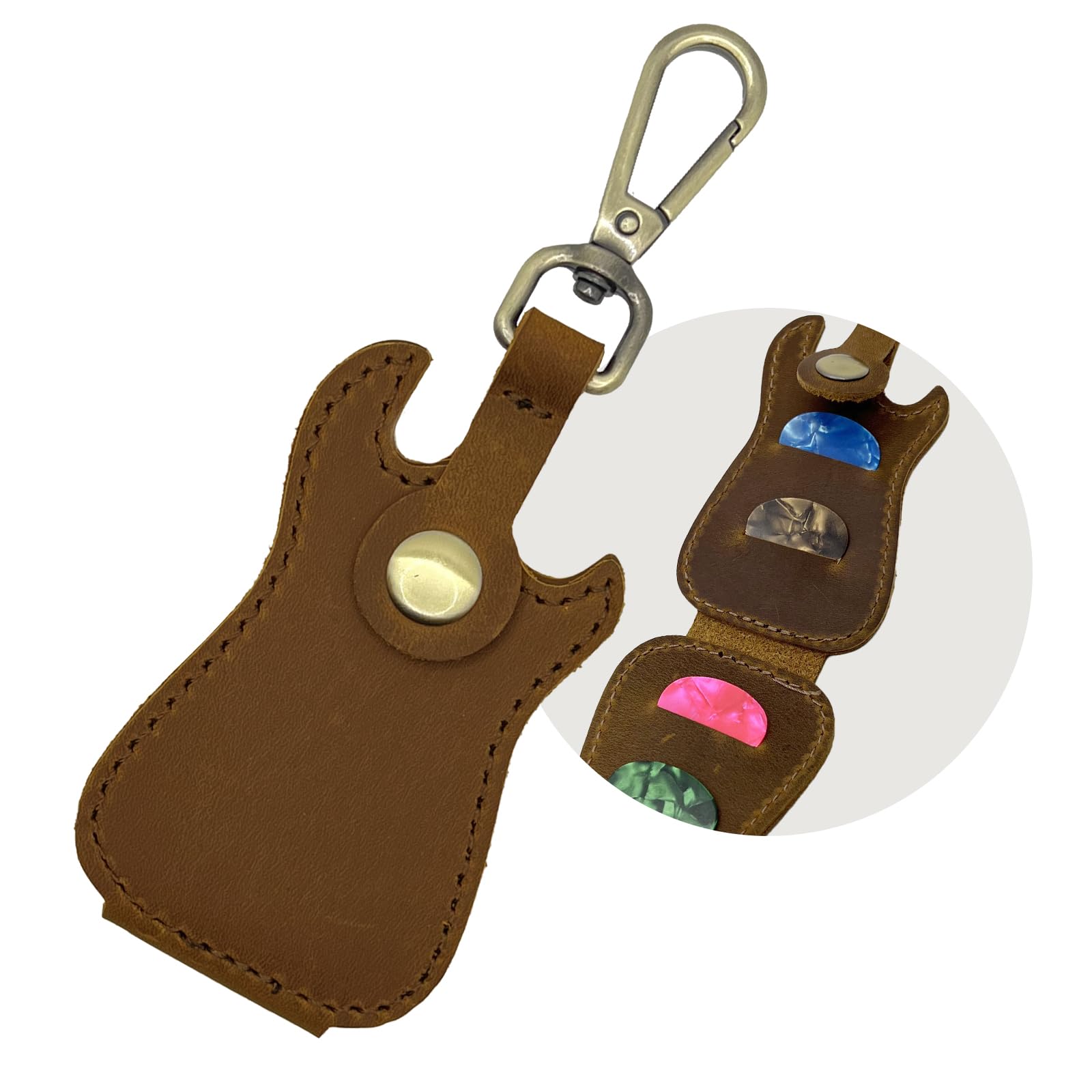 Della Stella Genuine Leather Guitar Pick Holder Keychain, Guitar Picks Holder Case for 4 Picks, Portable Pick Holder for Guitar with Hook, Ideal
