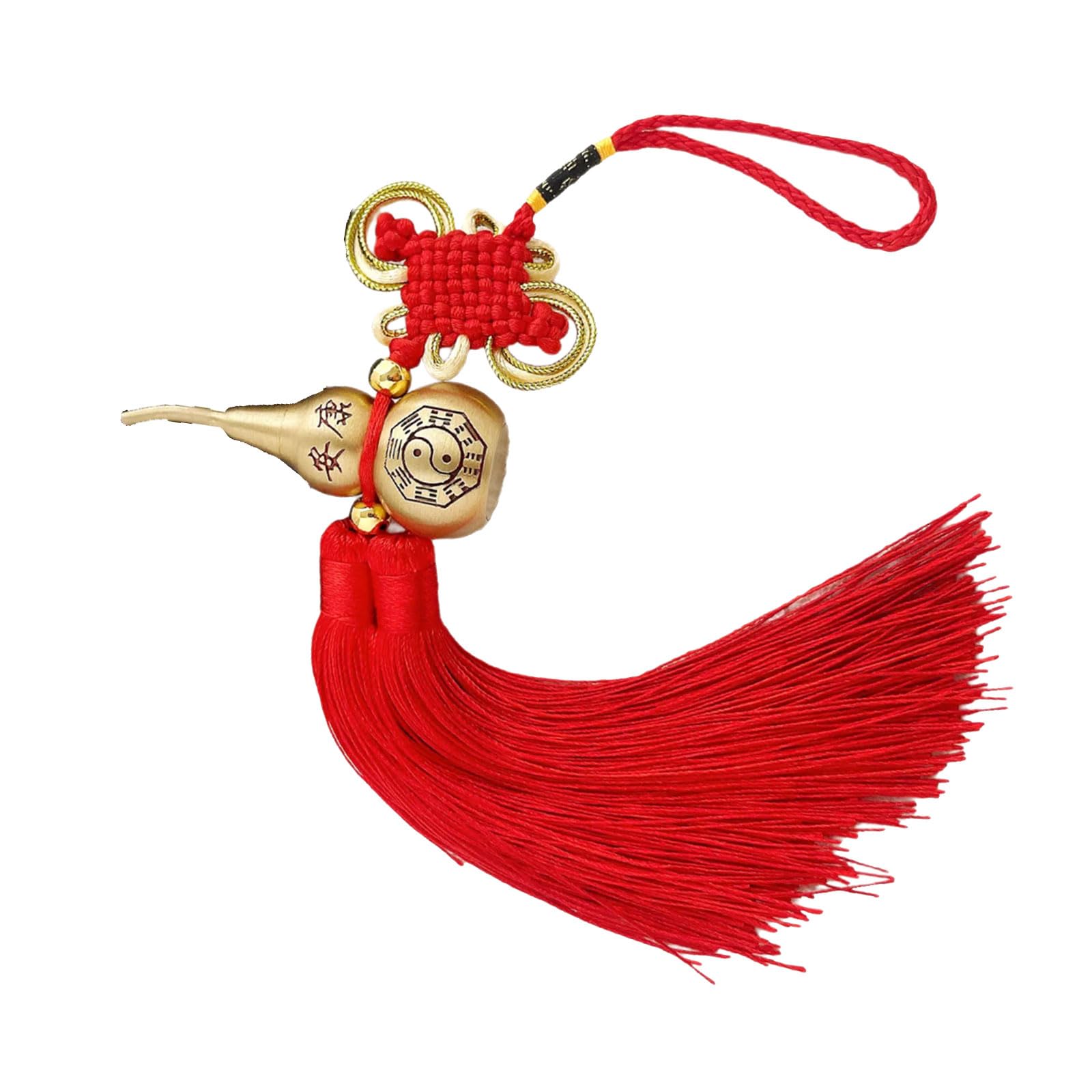 Copper Fengshui Gourd Pendant with Red Knot Tassels, Car Home Spiritual Decor Amulet Charm Auspiciously Car Ornament