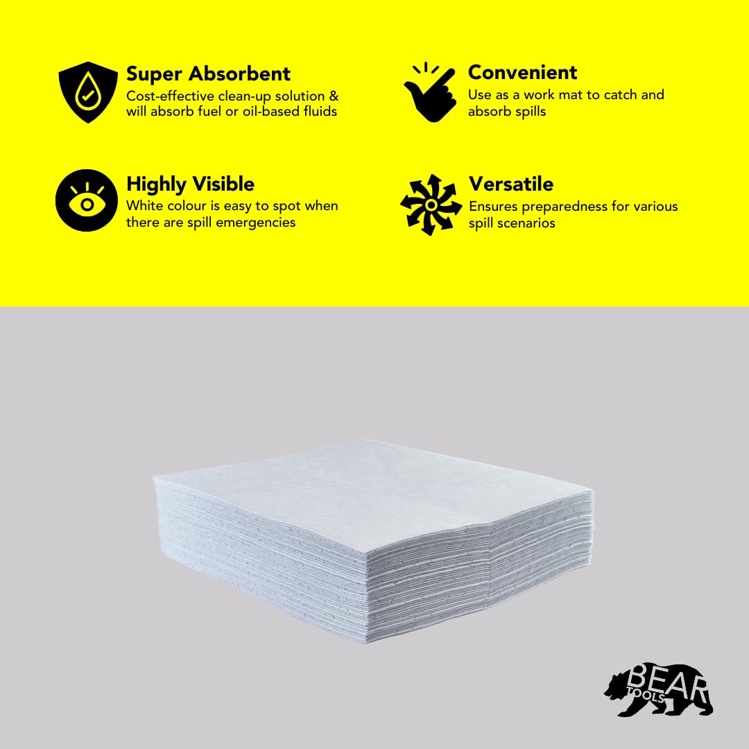 BearTOOLS Hoja absorbente de 50 cm x 40 cm (50 hojas, aceite y combustible), núcleo unido sónico completo con capa superior hilada, color blanco