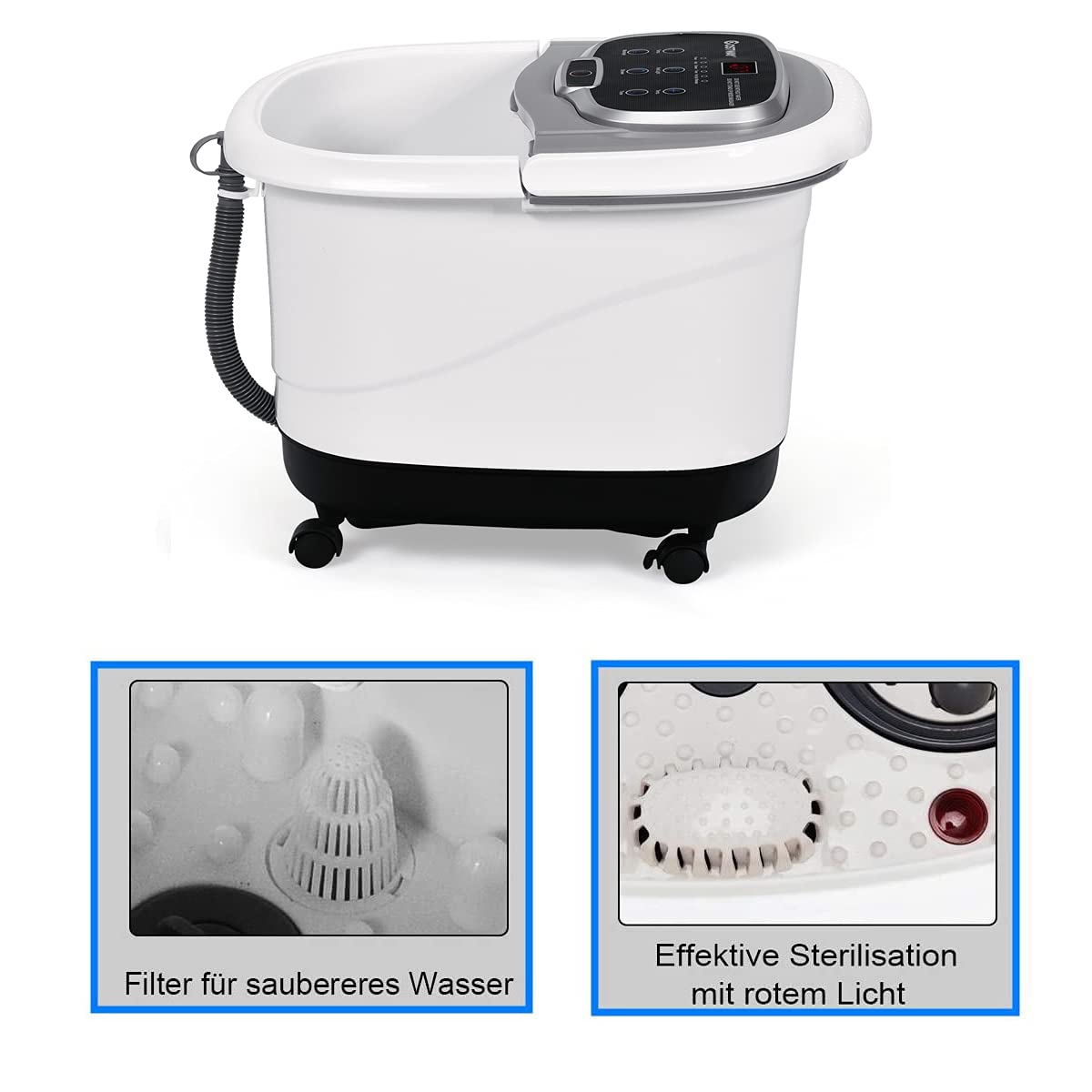 RELAX4LIFE Fußbadewanne elektrisch, Fußbad Massagegerät 10-60 min. Timer, 35-48℃, Rollbare Fußwasserwanne mit Universalrädern & Bremsen, Fußmassage mit Heizungs- & Dusch-Funktion (Grau)