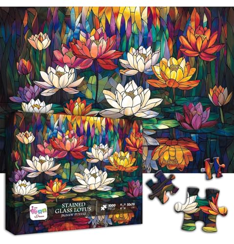 Image of iDream 1000 Pieces Jigsaw Puzzle - Artistic 3D Design, Colorful Wall Decor, Challenging Puzzle Gift for Friends & Family (Stained Glass - Lotus)