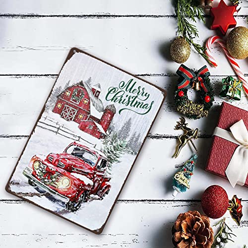 Image of Vintage Christmas Red Truck Wall Sign - Metal Plaque Sign Decorations - 8x12 Inch