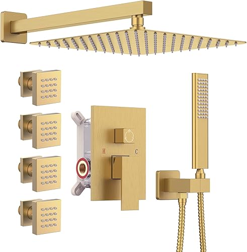 Iriber Sistema de ducha de lluvia dorado cepillado con 4 chorros corporales, juego de grifo de ducha de 3 funciones, contiene cabezal de ducha de 12 Iriber Sistema de ducha de lluvia dorado cepillado con 4 chorros corporales, juego de grifo de ducha de 3 funciones, contiene cabezal de ducha de 12