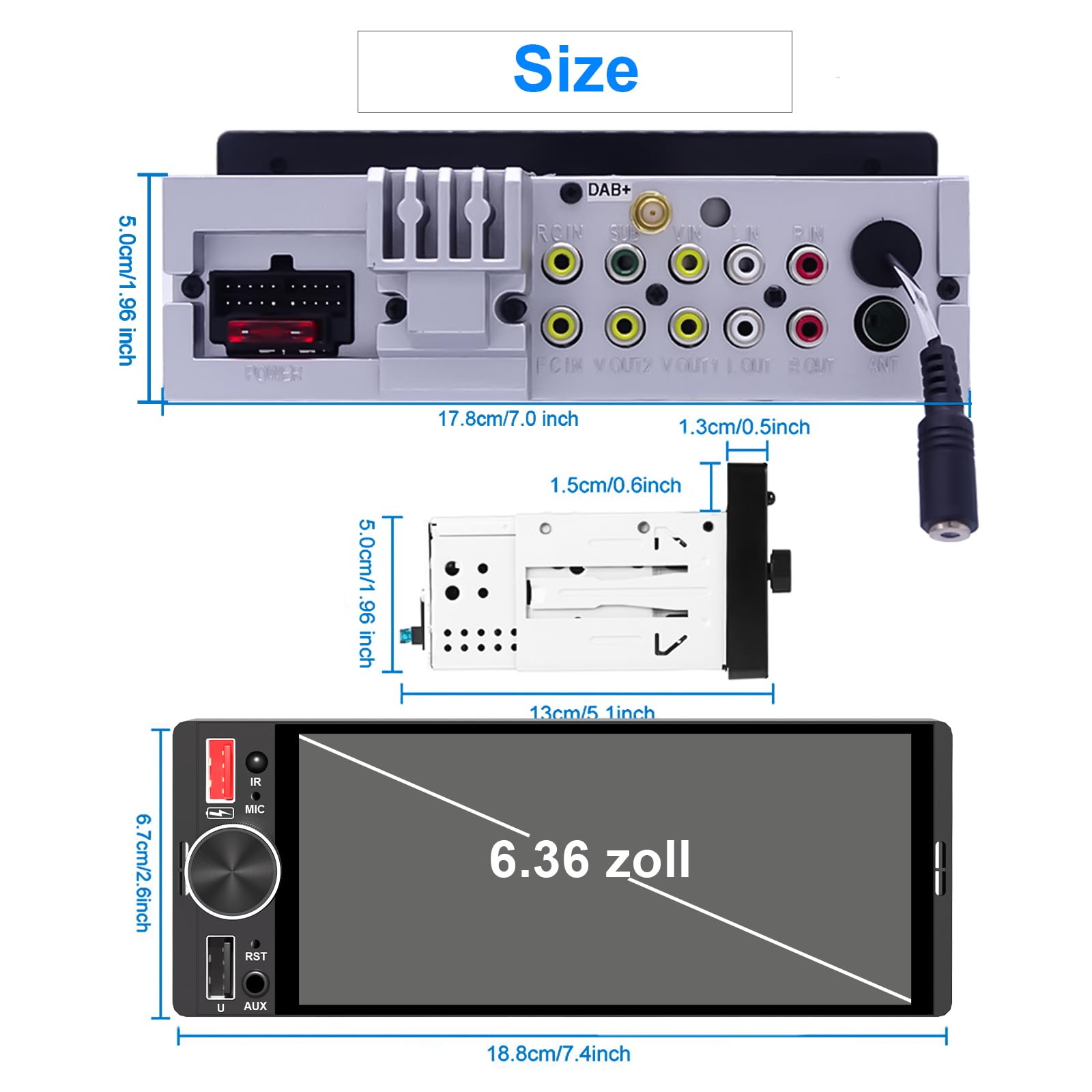 6,36 Zoll 1 Din Autoradio mit Drahtlosem CarPlay & Android Auto, Bluetooth, Full-Touch-Display FM, DAB+, Rückfahrkamera und Mikrofonunterstützung