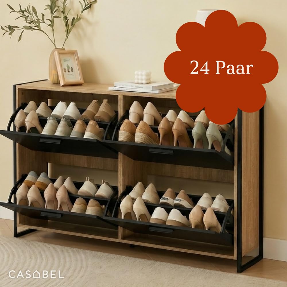 CASABEL Schuhschrank 24 Paar, kompakte Konsole, Schwarze Türen, Holzrahmen | Schuhaufbewahrung, 4 Klappen, große Kapazität, verstellbare Regale, platzsparend, Industriedesign, einfache Montage