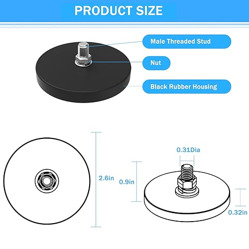 Miniatura 10 de Imanes de montaje fuertes, imanes de tierras raras superfuertes con revestimiento de goma de 130 libras, base magnética con perno roscado, base de