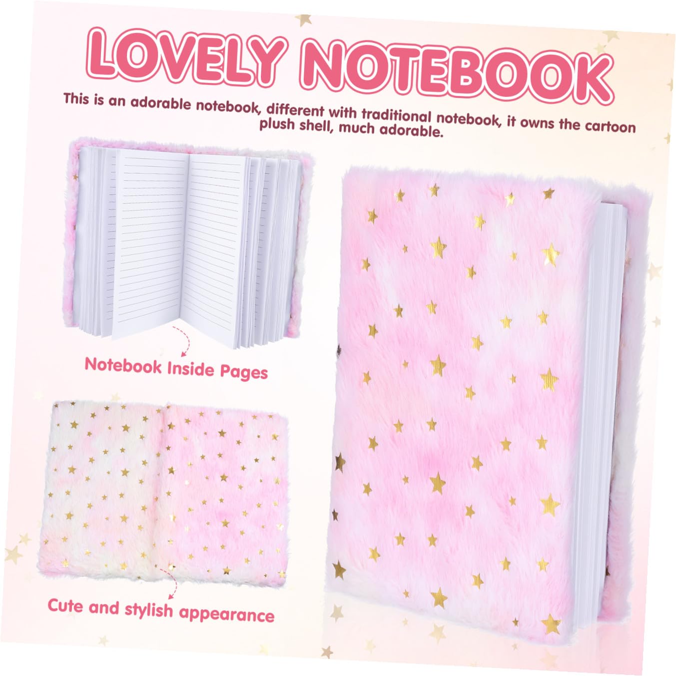 DOITOOL 3 Piezas Cuaderno con de Peluche Diseño Estrella Degradada Portátil y Adorable para Estudiantes y Diario Personal