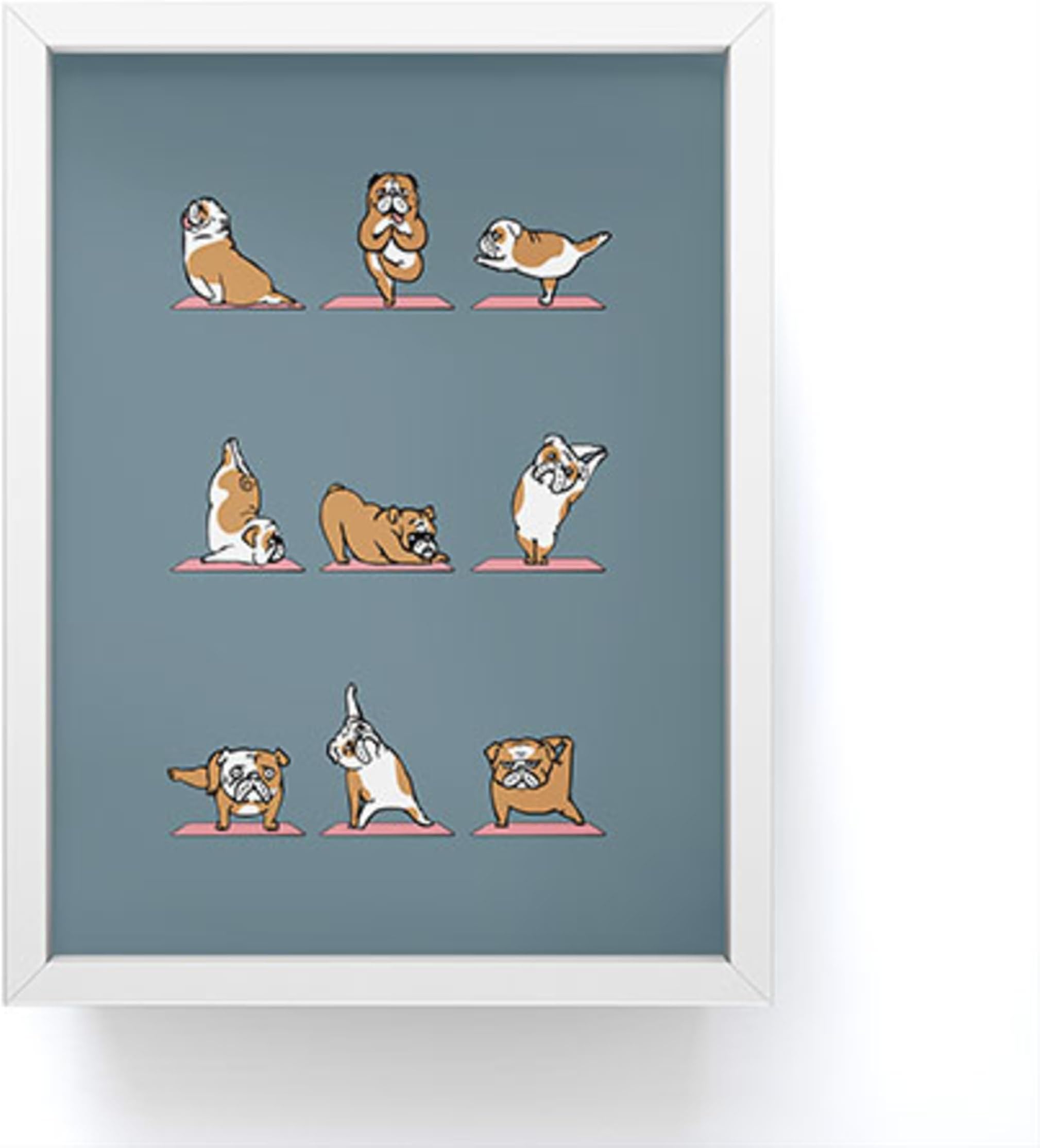Society6 English Bulldog Yoga Framed Mini Art Print - Wall Decor by Huebucket - Framed, Small-Scale Work of Art with Gallery-Quality Ink, 3” x 4”, White Frame