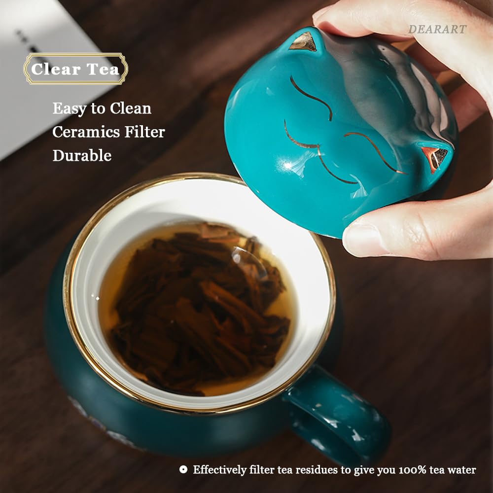 DEARART niedliche Teetasse im Katzenstil, tragbares Set, Teetasse mit 300 ml Fassungsvermögen, exquisite Musterverarbeitung, weißes Porzellanmaterial, leicht zu reinigen, grün