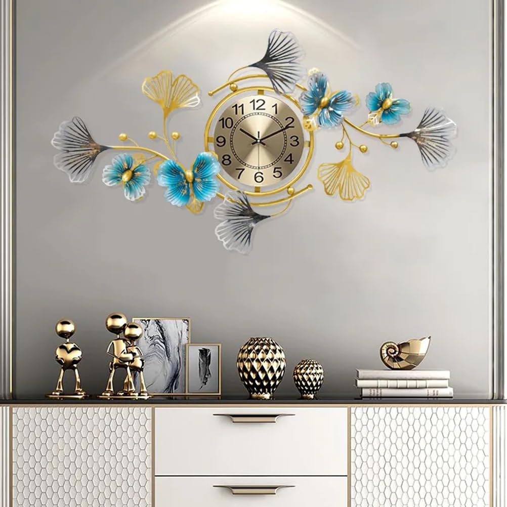 Nnycc Gold Large Wall Clock Modern Stylish Wall Clock Decorative Metal Ginkgo Leaf Design Style Eternal Love Theme Symbolic Finish Kitchens Living Rooms Family Rooms Study ,,L