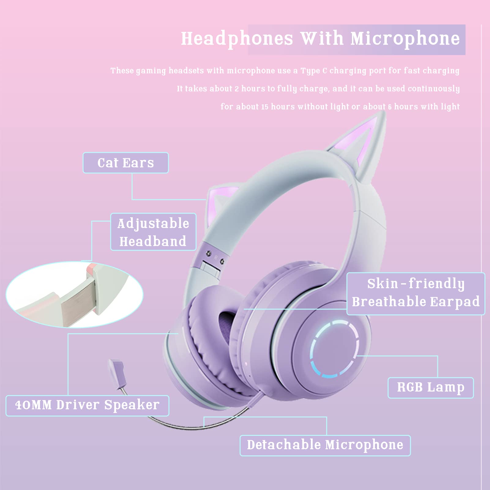 Casque Chat, casque sans fil Bluetooth 5.1 Chat, câble AUX 3.5mm, casque pliable, bandeau ajustable, mic détachable, 7 couleurs de lumières LED et 4 modes LED, convient aux filles et adultes (Violet)
