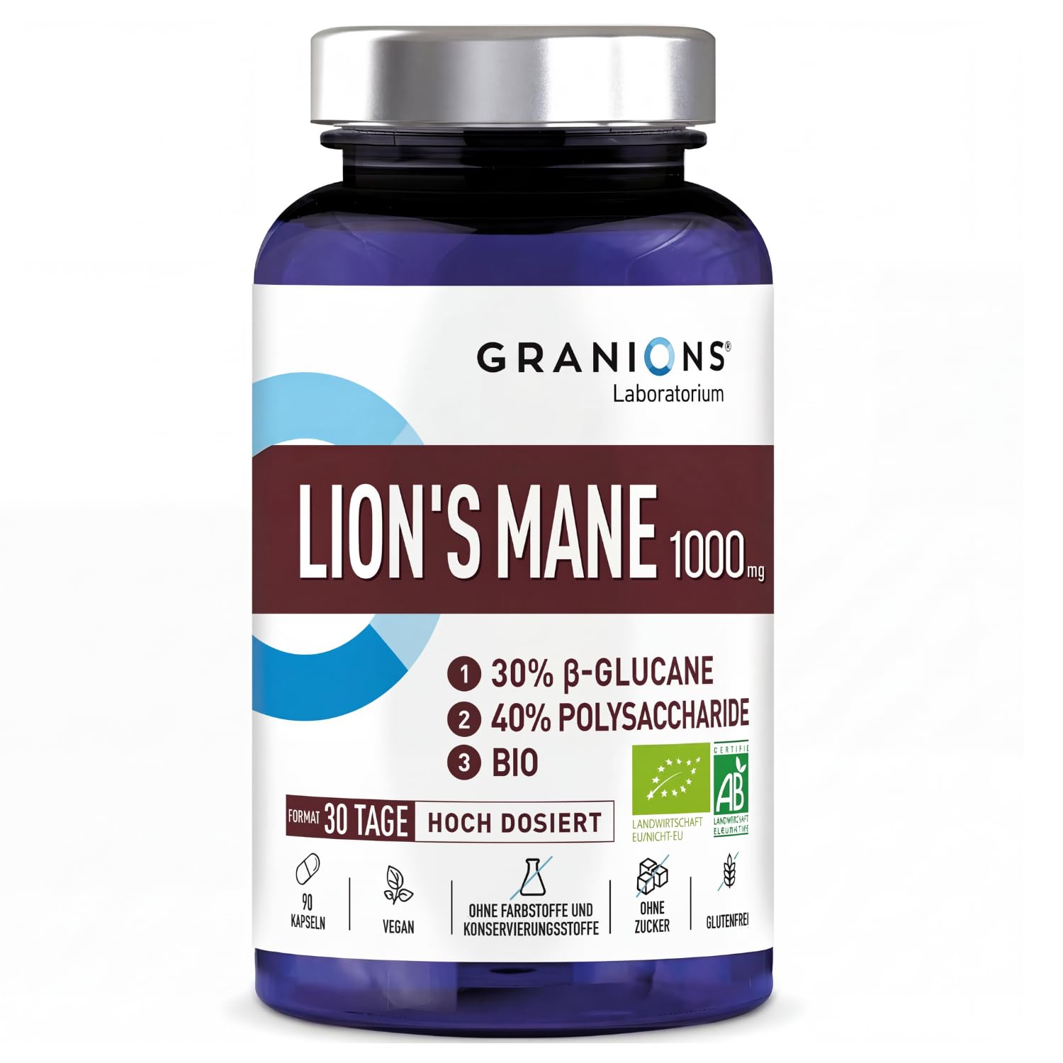 Lion's Mane Kapseln 1000 Mg - Pilz Extrakt Hochdosiert - Für Gedächtnis | Lion's Mane Bio Kapseln Hochdosiert - Löwenmähne Für Gedächtnis, Fokus, Konzentration & Geistige Leistung Täglich - GRANIONS