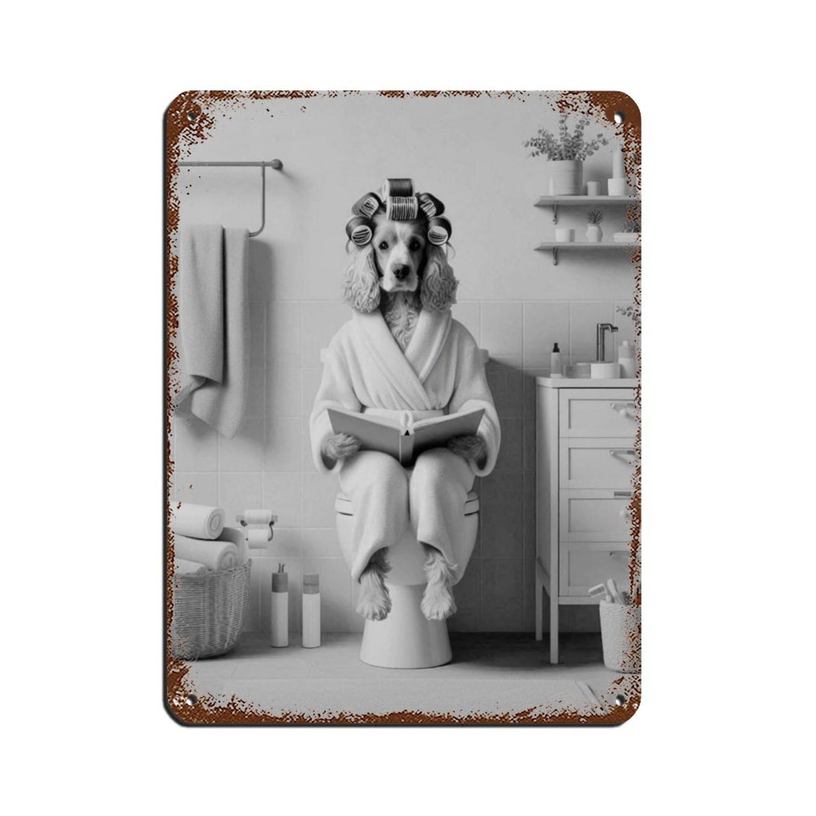 Cocker Spaniel on Toilet Reading Book Retro Poster Metal Tin Sign Chic Art Retro Iron Painting Bar People Cave Cafe Family Garage Poster Wall Decoration 12x16inch(30x40cm)