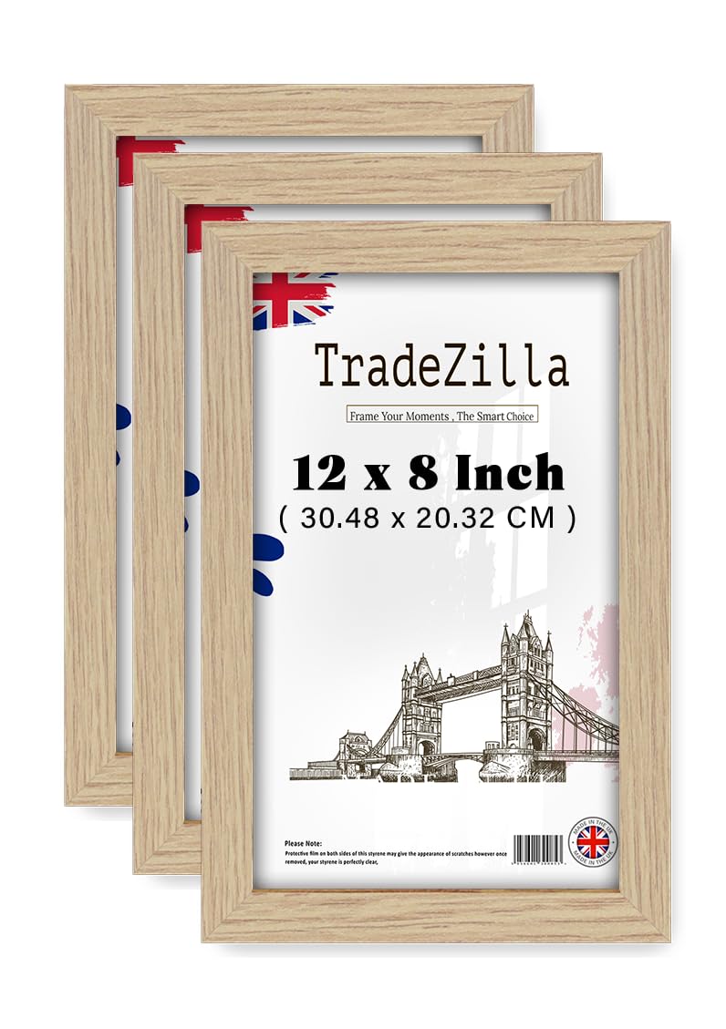 TradeZilla ® pack of 3 (30.48 x 20.32 CM) Frame 304.8 x 203.2 mm MDF Wood Frames 20.32 x 30.48 cm - 12 x 8 Inch Photo Frames - 1' 0" x 0' 8" Suitable for Decorating [ Oak ]
