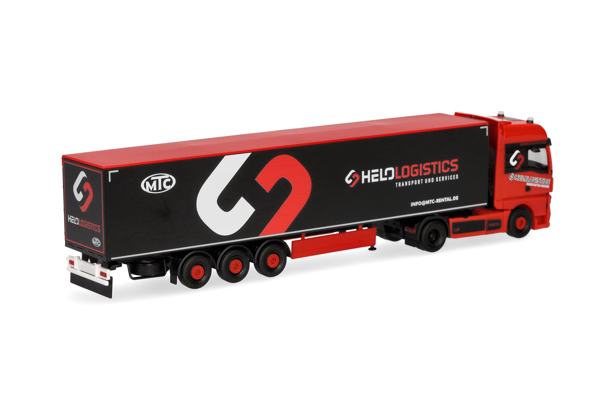 Herpa Model ciężarówki MAN TGX GX naczepa z ruchomą podłogą "Helo-Logistik", miniatura w skali 1:87, kolekcjonerski, Made in Germany, plastik