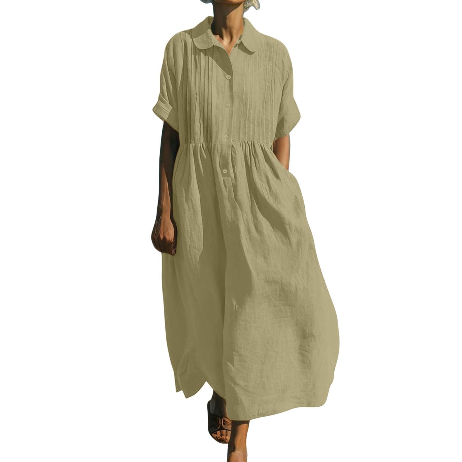 Aopir Women's Casual Cotton Linen Dress Summer Loose Flowy Midi Soft Breathable Boho Beach Dresses for Daily Wear