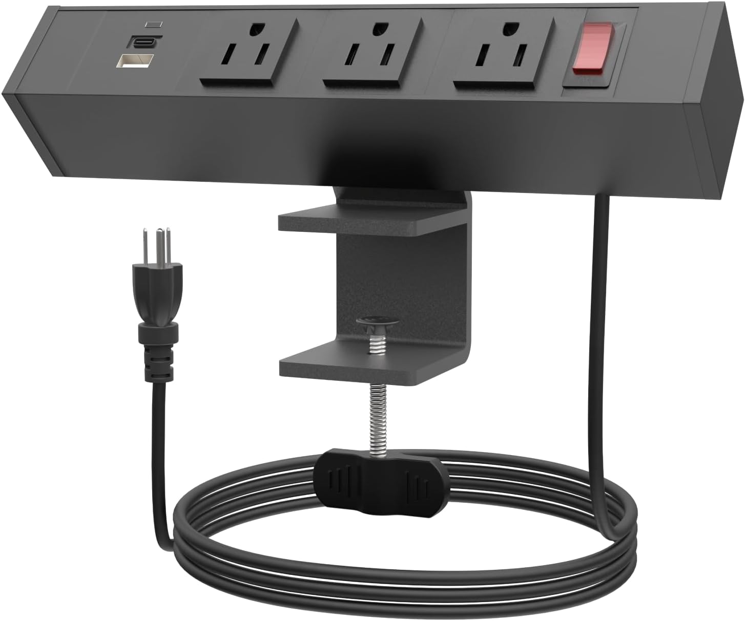 FOH Aluminum Desk Clamp Power Strip with 3 Port Clamp 1875W, Multi-Contact USB Power, Power Socket Surge Protector with Switch, 3 in 1 Desk Stand with 3CA, USB-A and USB-C with 6FT Cable (Square)