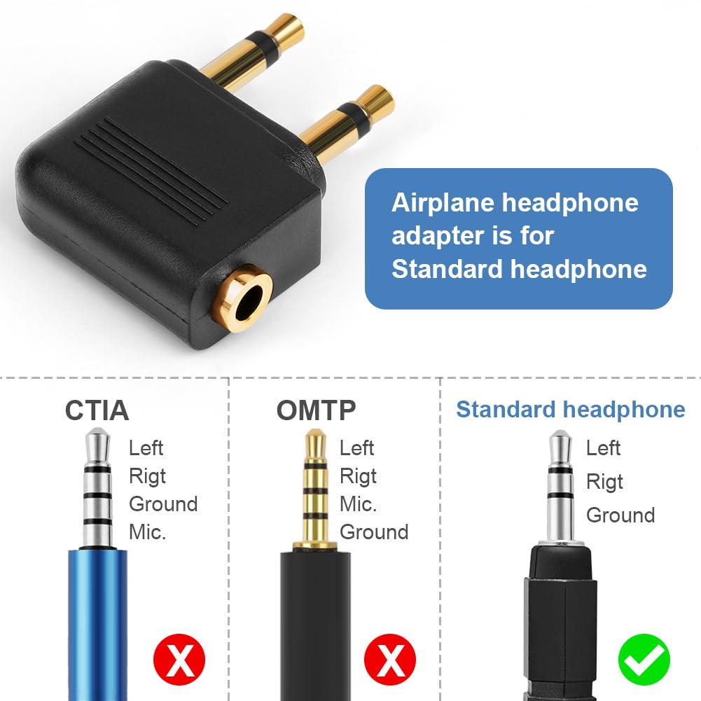 Adaptateurs pour Casque d’Avion Plaqué Or, Lot de 2, 3,5 mm Femelle AUX Audio Jack, Double Jack Adaptateurs Airline