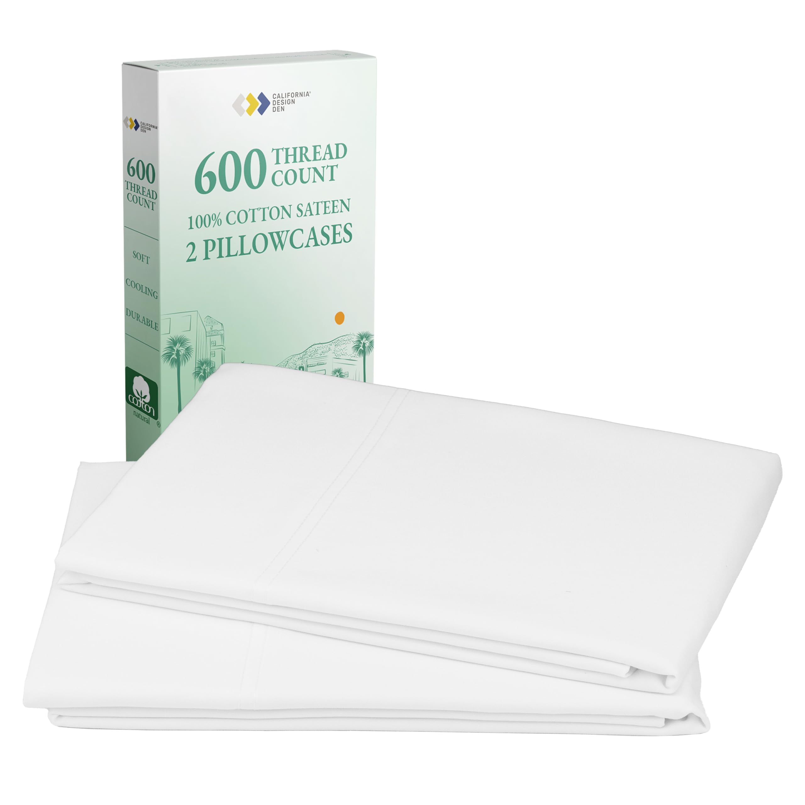 California Design Den - 600TC King Size Long Staple Combed Pure Natural Cotton Pillowcases (Pure White, King)