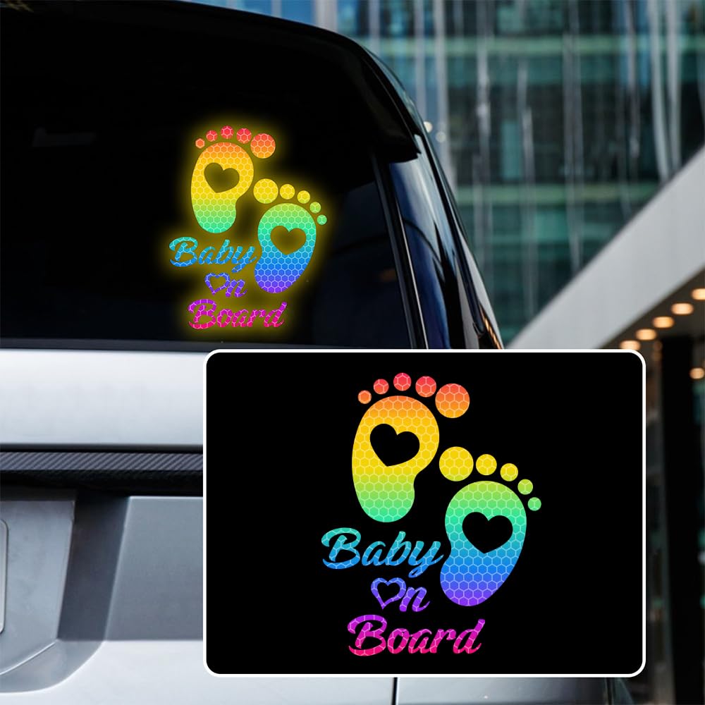 High Intensity Reflective Baby on Board Car Sticker Waterproof Cute Footprint Baby in Car Decal Safety Warning Sign Kids on Board Decal for Car Bumper Window (Rainbow)