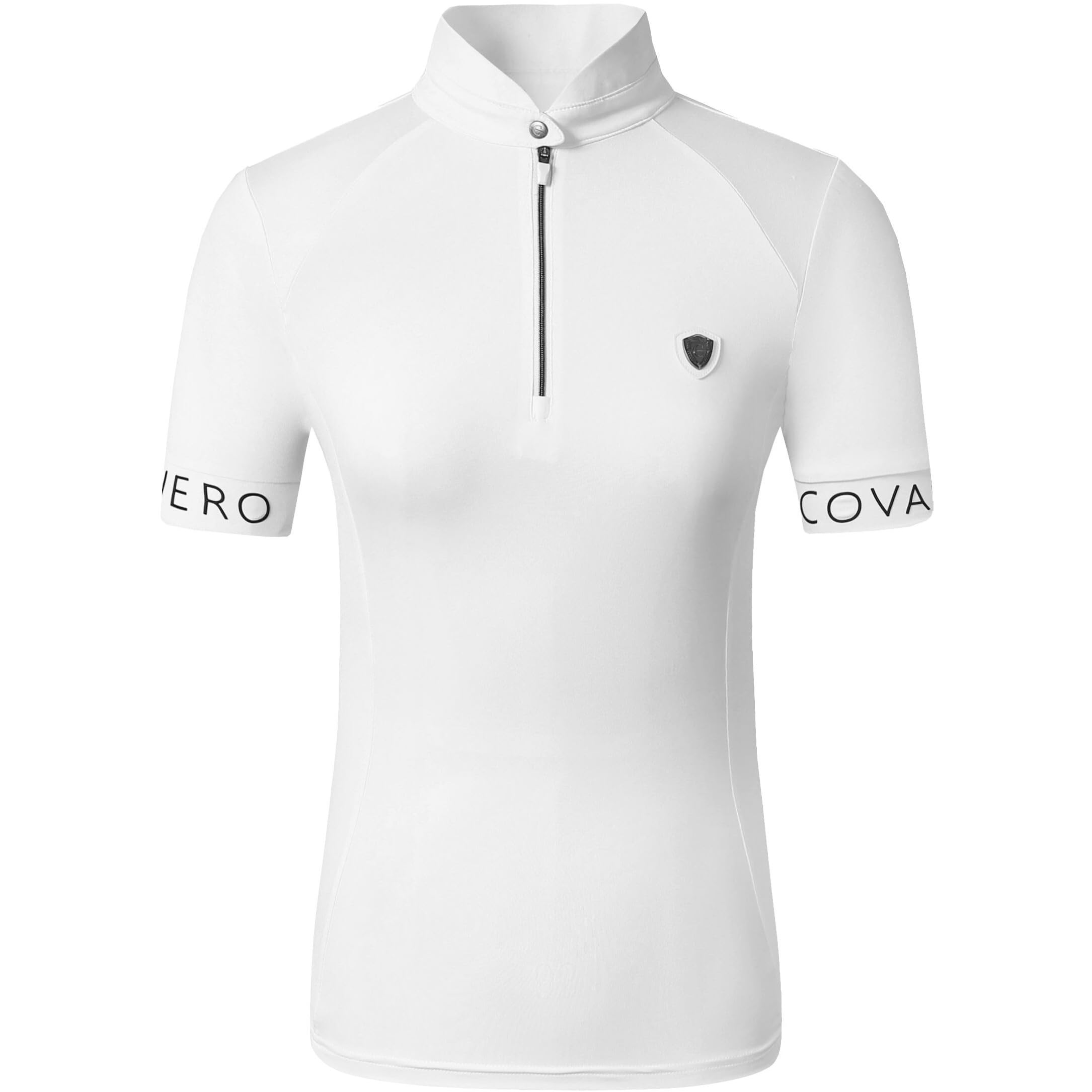 Covalliero - Damen Turniershirt Competition – Kurzarmshirt mit Stehkragen – Reitshirt aus Piquéstoff – Sportshirt mit tailliertem Schnitt – Reitbekleidung in Weiß