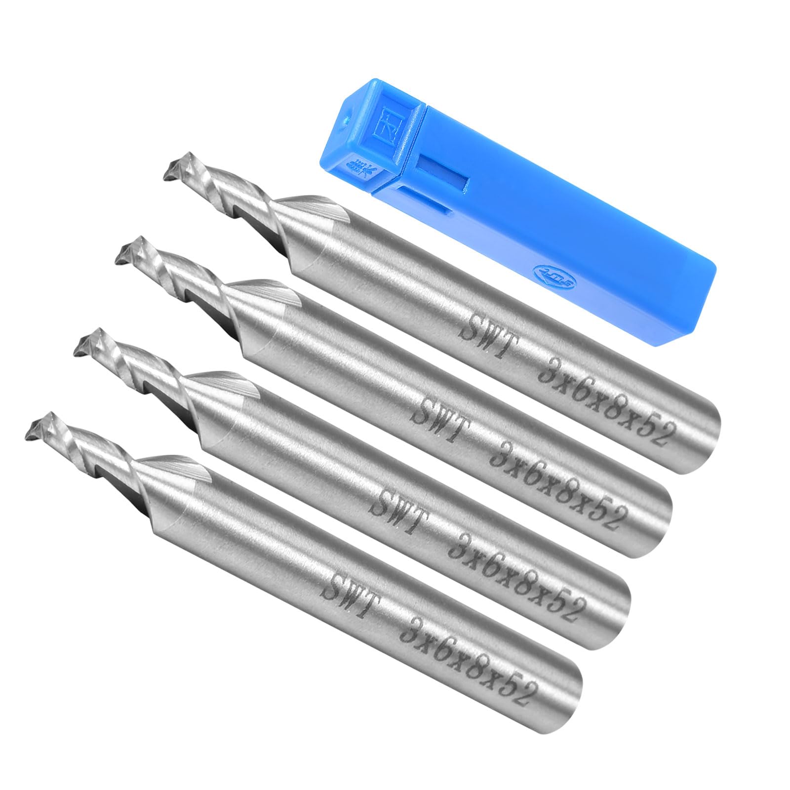 Frez spiralny z 2 ostrzami, średnica 3 mm, długość 8 mm, stal szybkotnąca, prosty frez z obudową - (zastosowanie: sklejka, twarde drewno, tworzywo sztuczne), 4 szt