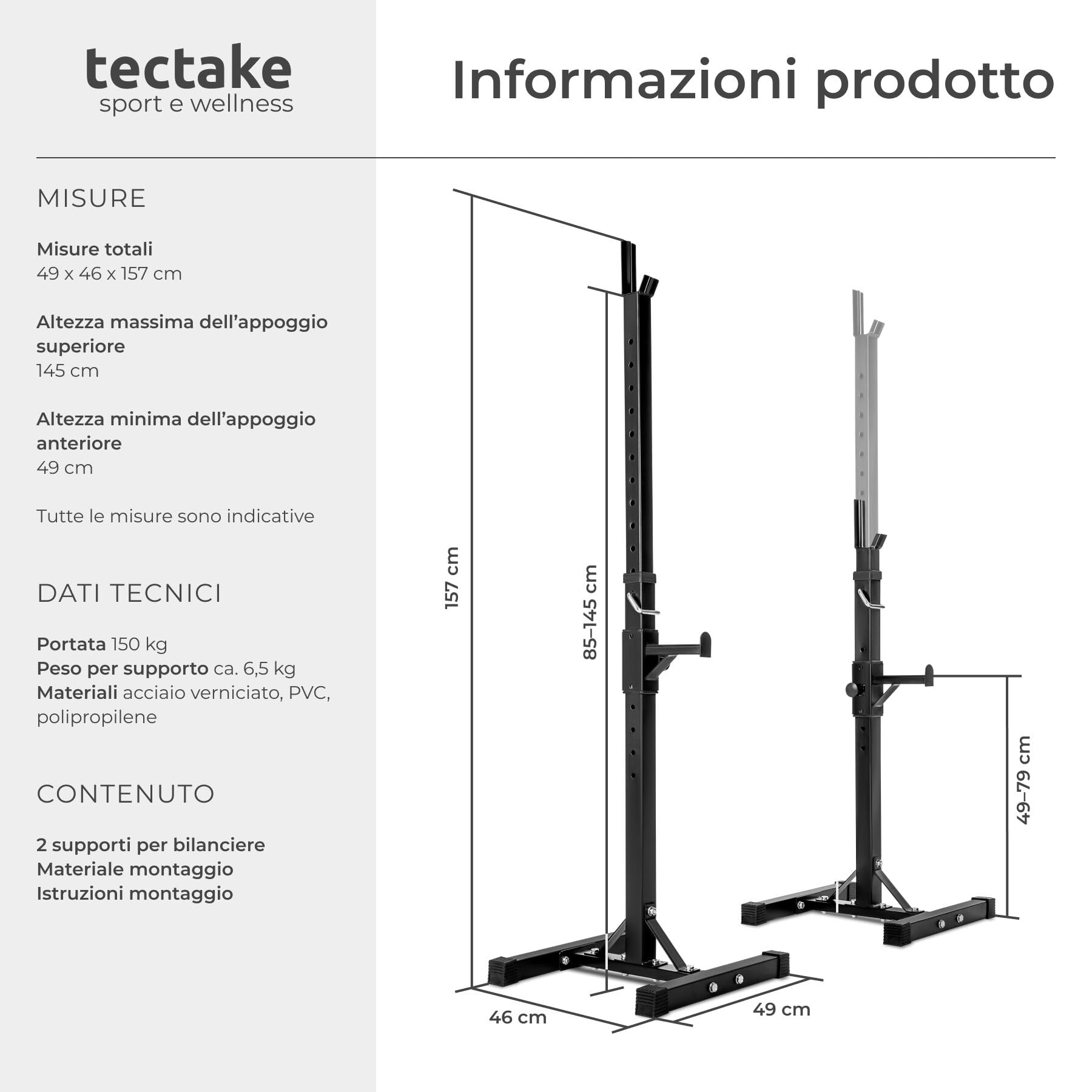 tectake® Supporto per Bilanciere Regolabile fino a 150 kg, Porta Bilanciere Palestra con Altezza Regolabile, Rack Squat per Pesi Palestra a Casa, Home Gym Sicura e Pratica, Nero