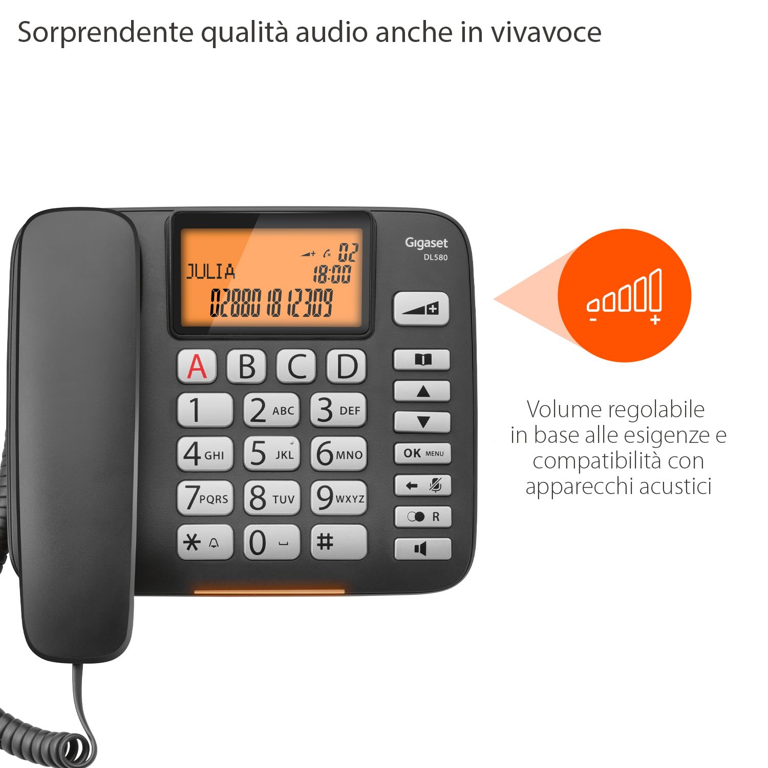 Gigaset DL580 - Telefono a Filo - Ampio Display e Tasti Ergonomici - 99 Contatti - Visualizzazione Chiamata Tramite LED, Nero [Versione Italiana]