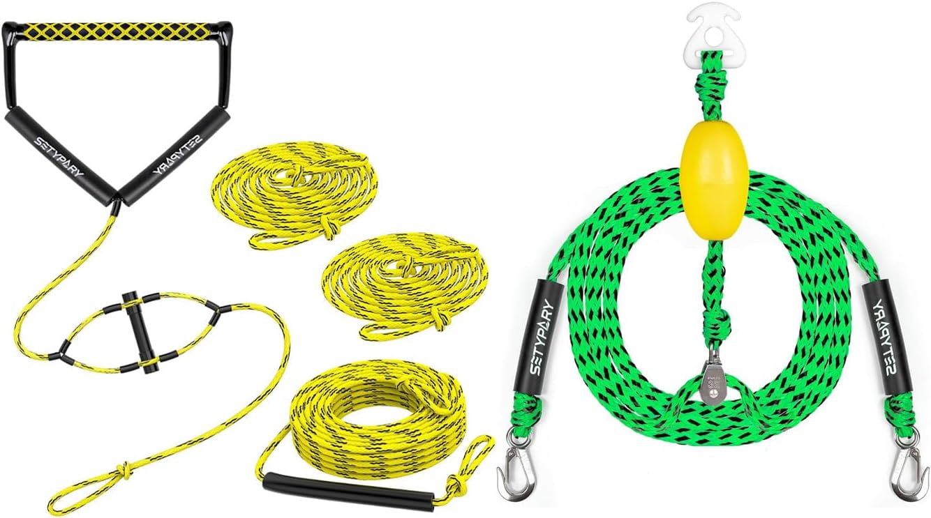 75FT Wakeboard Rope (Yellow & Black) & Boat Tow Harness (Green & Black) Combo - Floating Wakeboard Rope and Self-Centering Tow Harness for Tubing, Wakeboarding, and Watersports