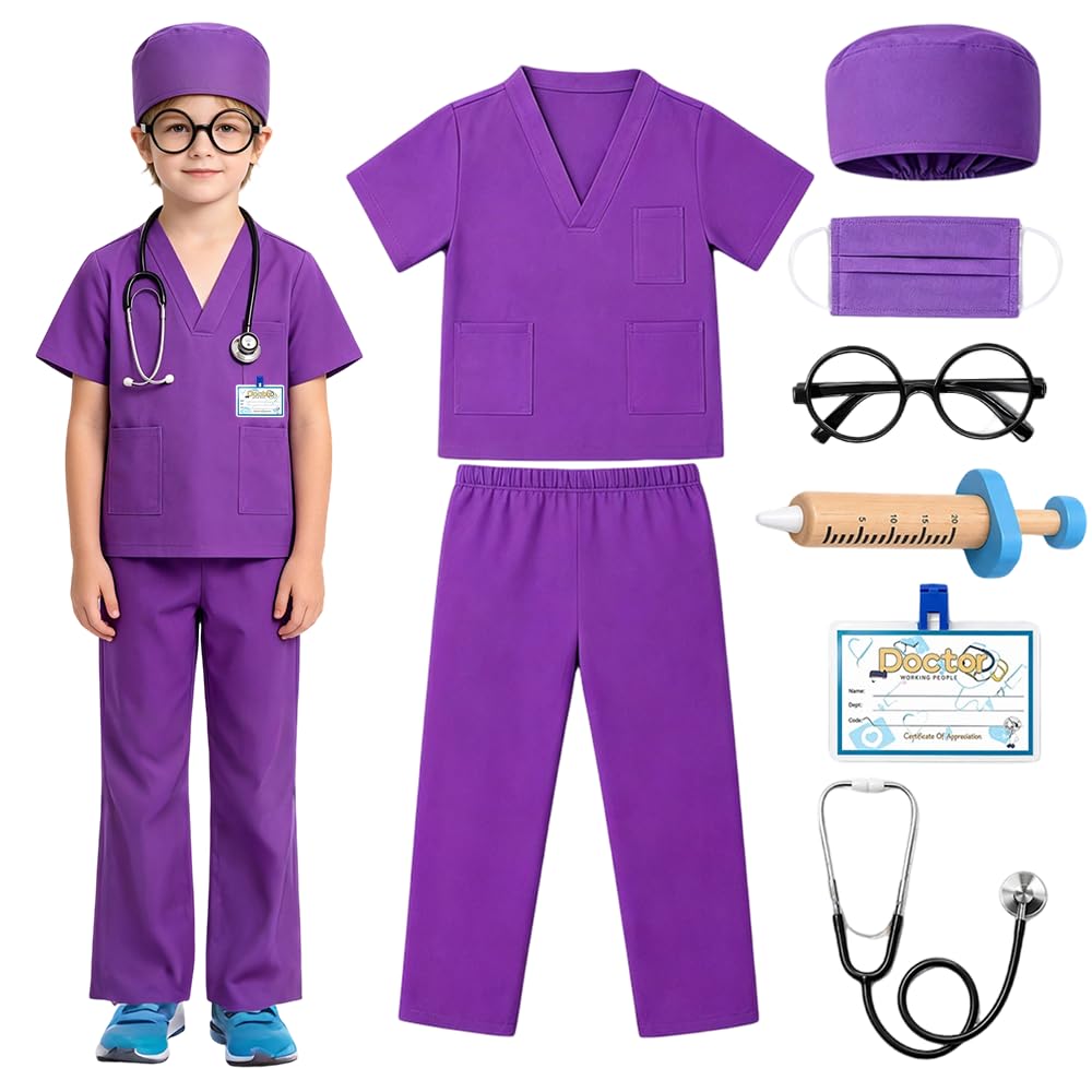 8PCS Doctor Costume Set for Kids, Doctors Outfit Set, Toddler Nurse Scrubs with Syringe, Stethoscope, Glasse Frame, Face Mask, ID Card for Boys Girls Role Play Halloween Dress Up Cosplay (Purple)