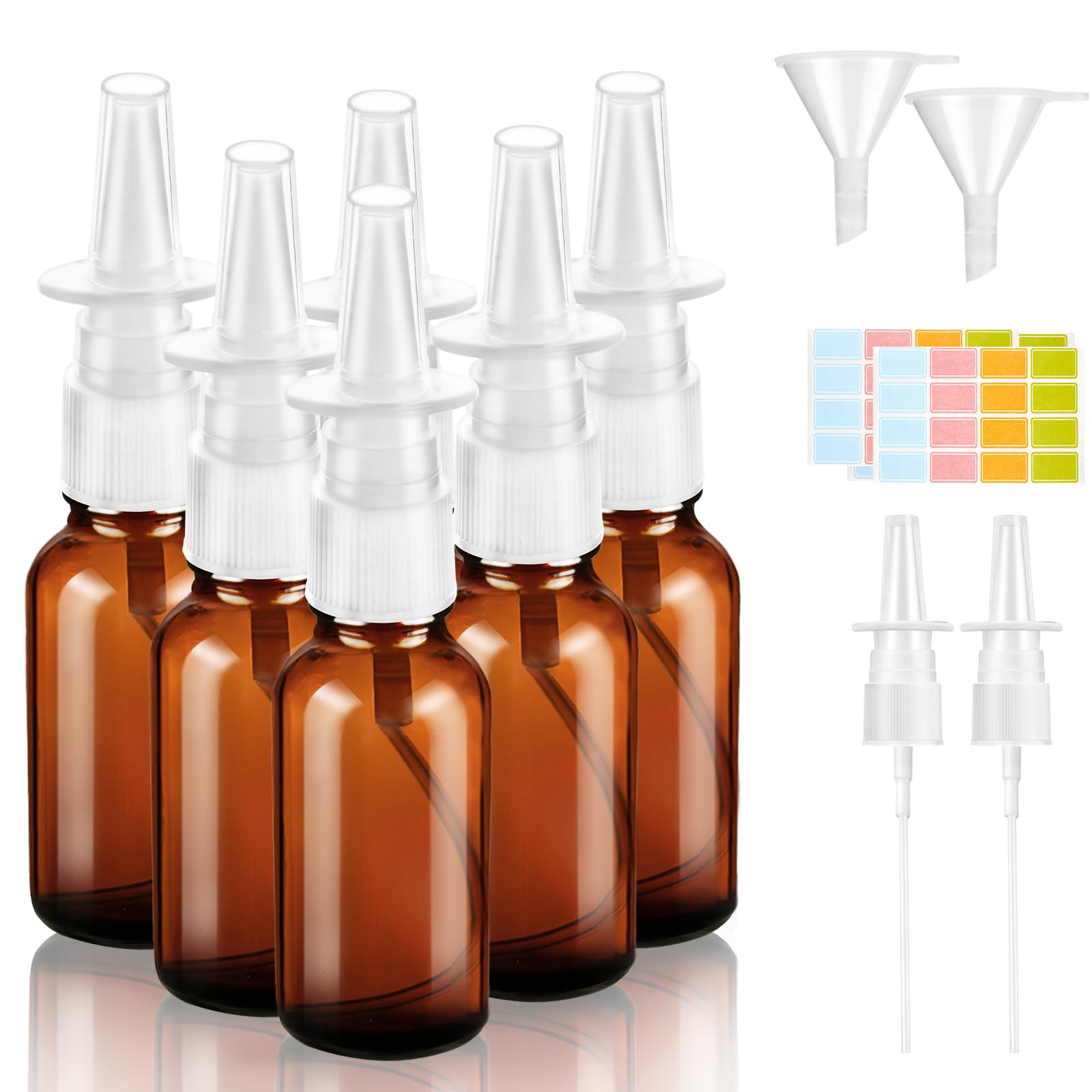6 Stück Nasenspray Flasche Leer, 20ml Glas Nasensprayflasche, Wiederverwendbar Nasen Sprühflaschen, Nachfüllbare Zerstäuber mit Düsen Trichter Etiketten für Parfüm Atherische Kochsalzlösung (Braun)