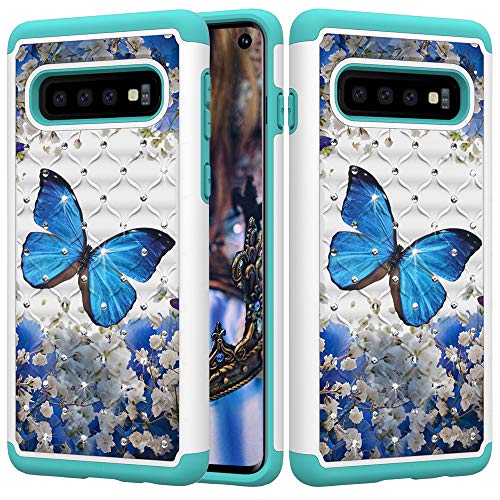 S10 Case,S10 Armor Case,DAMONDY 3D Cute Diamond Bling Glitter 2 in 1 Shockproof Hybrid Heavy Duty Shock Dual Layer Armor Defender Cover Phone Case Fit for Samsung Galaxy S10-blue Butterfly
