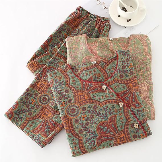 Women Sleepwear Vintage Jacquard Round Neck Button Cotton Loungewear Set, Long Sleeve Cotton Sleepwear