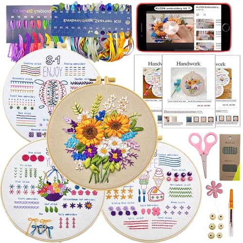 Image of KLOSN 4 Sets Embroidery Kits for Beginners, Ribbon Embroidery Patterns & Easy Embroidery Stitches Kits, Needlepoint Kits for Adults, Beginners Embroidery Kits for Adult Include Video Tutorial