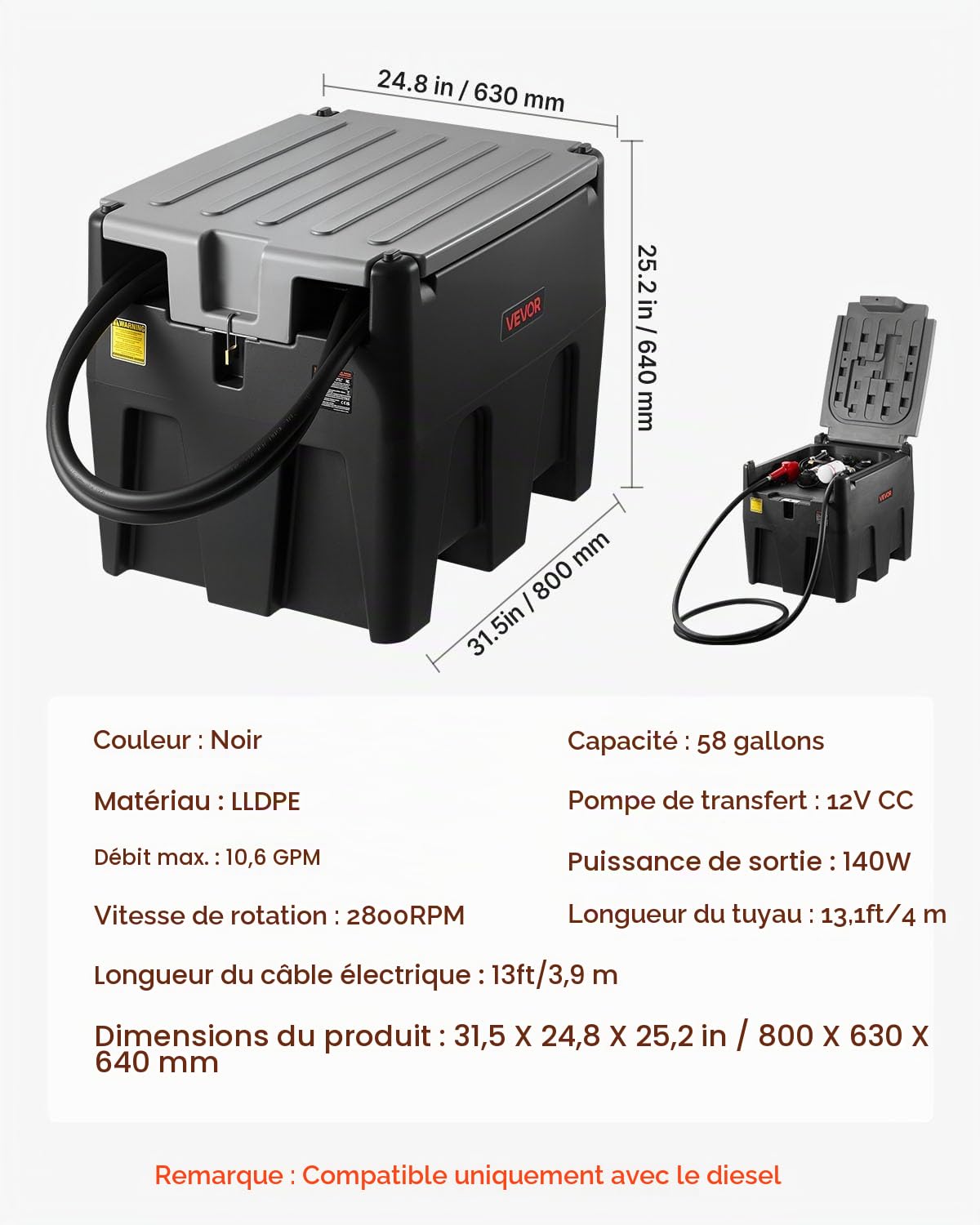 VEVOR Réservoir Diesel Portable 220 L Cuve de Ravitaillement 40 L/min avec Pompe de Transfert Électrique 12 V Tuyau en Caoutchouc 4 m Réservoir de Transfert Diesel pour Transport de Carburant, Noir
