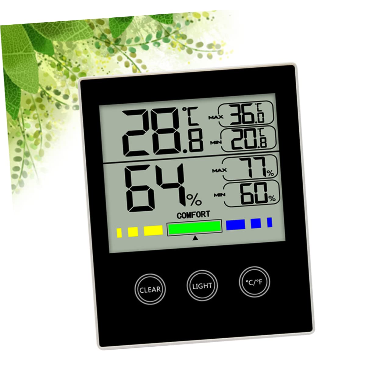 Touchscreen Digitales Innenraum Hygrometer mit Beleuchtung, Schwarz | Zimmerthermometer Digital Innen, Uhr für Innenbereich, Geeignet für Zuhause und Büro